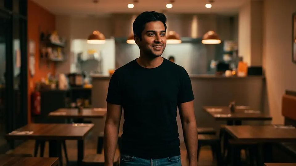 A young man in a black T-shirt stands smiling in a warmly lit restaurant.
