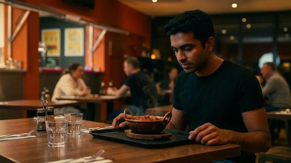 The same man, now seated at a restaurant table with a dish in front of him.