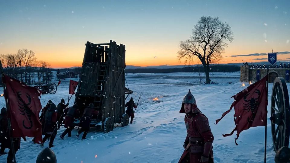 Soldiers with red banners push a wooden siege tower across a snowy plain at sunset, a castle on the horizon.