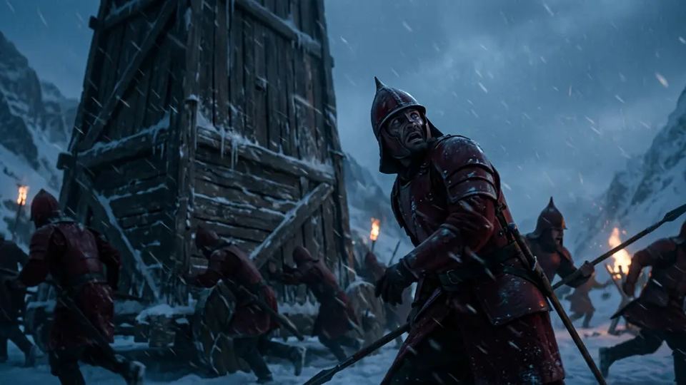 Close on an armoured soldier in the snow as troops with torches haul a wooden siege tower behind him.
