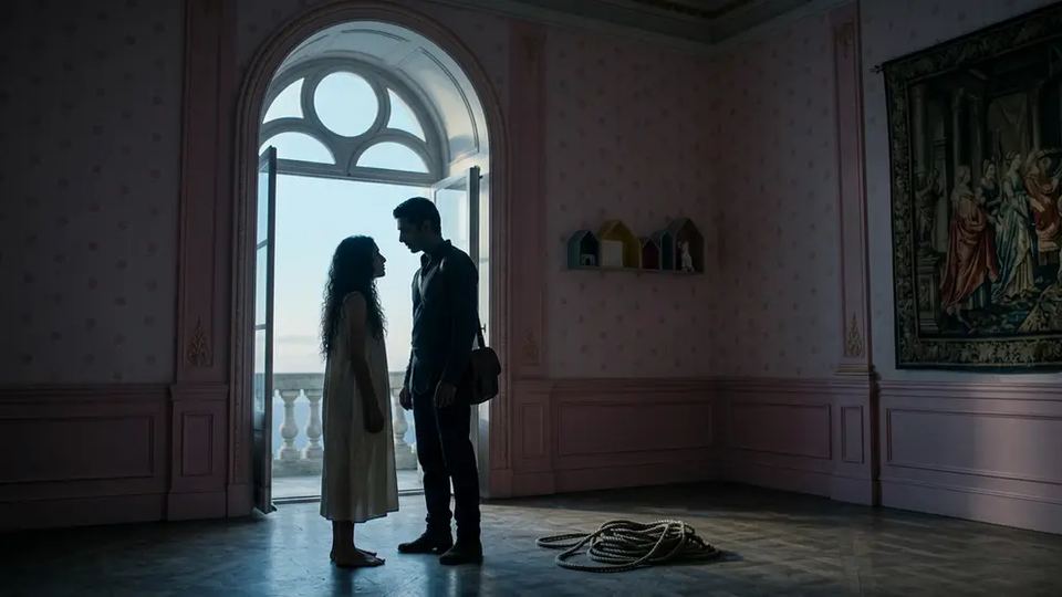 A man and a woman face each other, silhouetted in an arched doorway that opens onto a balcony.