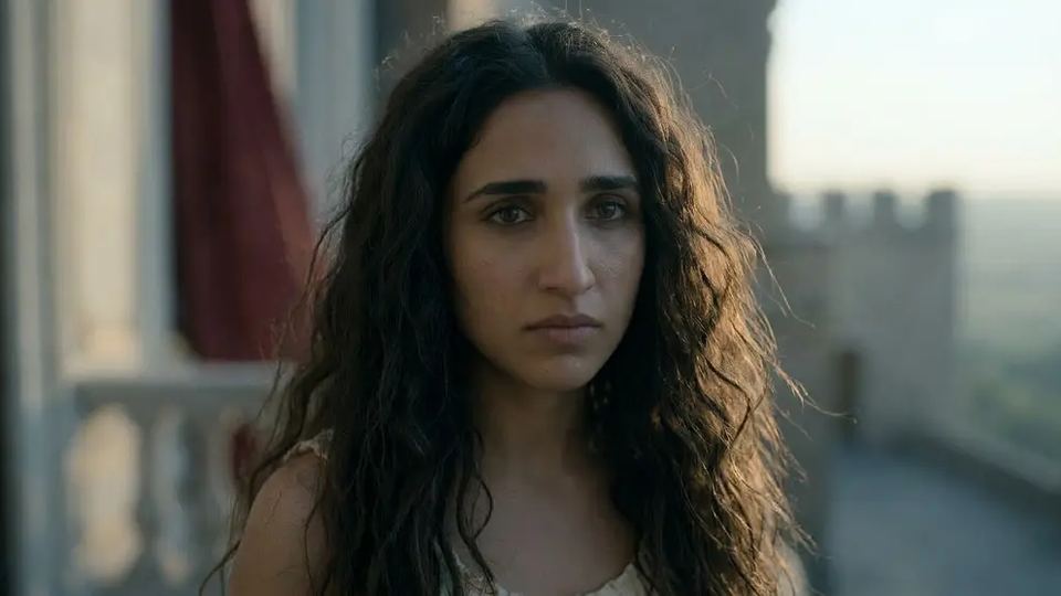 Close-up of a woman with long dark curly hair on a balcony, a castle wall soft in the background.