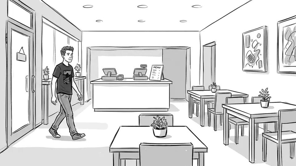 Pencil-sketch panel: a man walks into a small restaurant towards the counter.