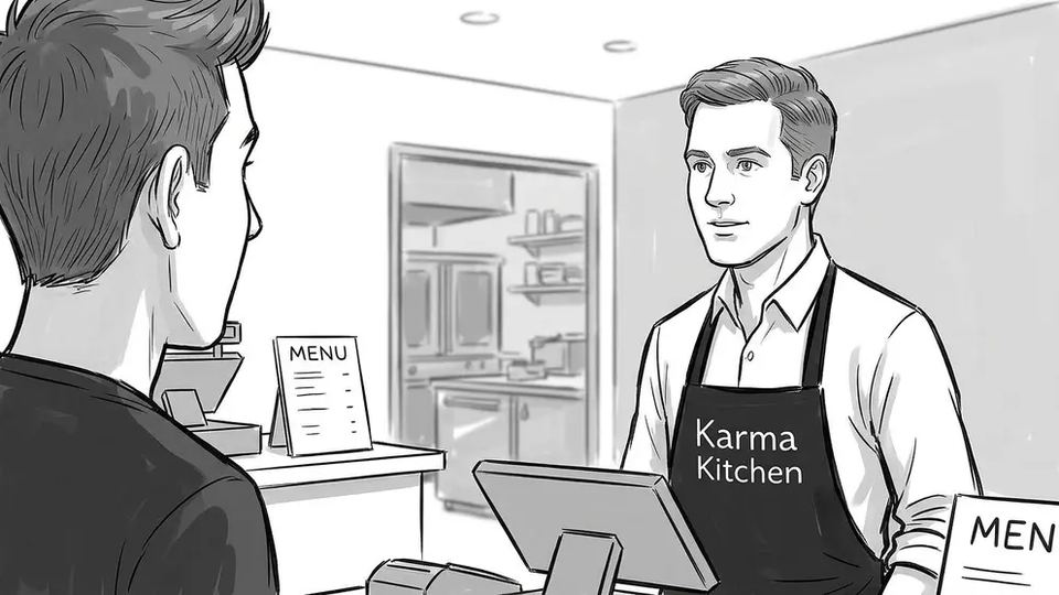 Pencil-sketch panel: an over-the-shoulder shot of a customer facing a man in an apron behind the counter.